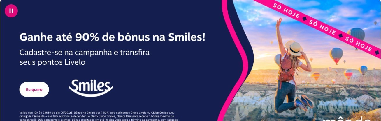Milheiro Smiles a R$ 15,11 com bônus Livelo só hoje - Imagem do artigo