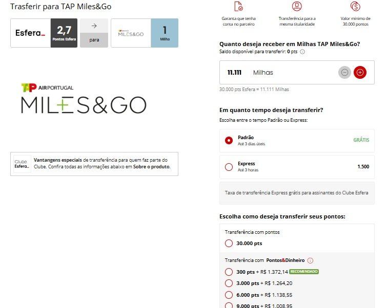 Esfera anuncia parceria com TAP Miles&Go; paridade 2,7:1 - Imagem do artigo original