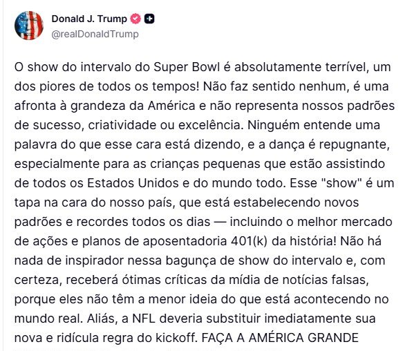 Trump critica show de Bad Bunny no Super Bowl por “afronta” - Imagem do artigo